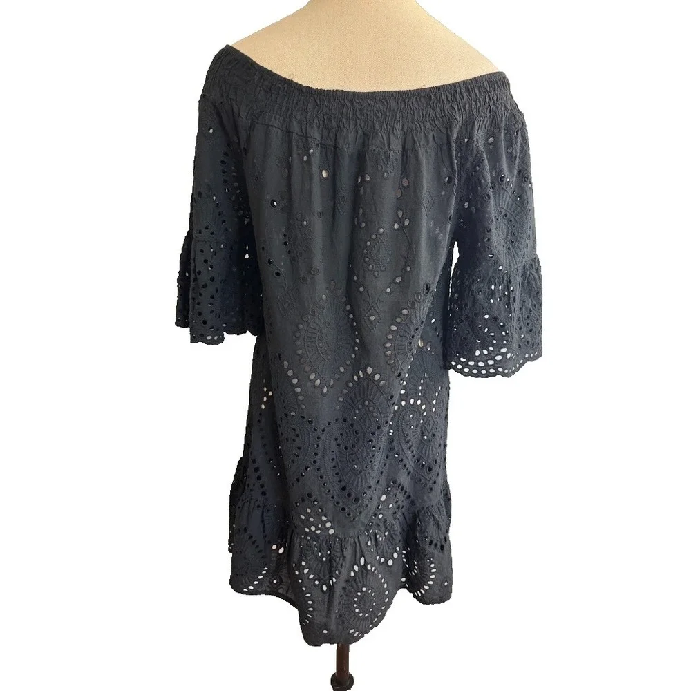 New Collection Italy S Black Eyelet Boho 100 Cotton Mini Dress Off Shoulder Sun